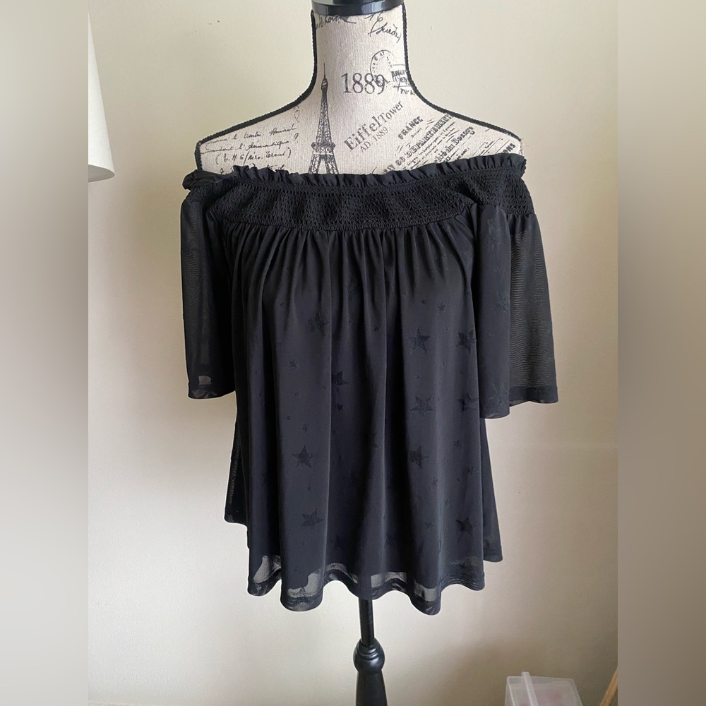 Maeve Anthropologie black mesh flocked star celestial blouse off shoulder smock